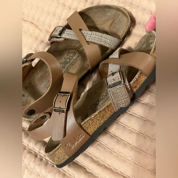 Birkenstock Birkis Lillie Brown Size 7- 
7 1/2 Plaid faux Leather Flat Sandals - Picture 3 of 5